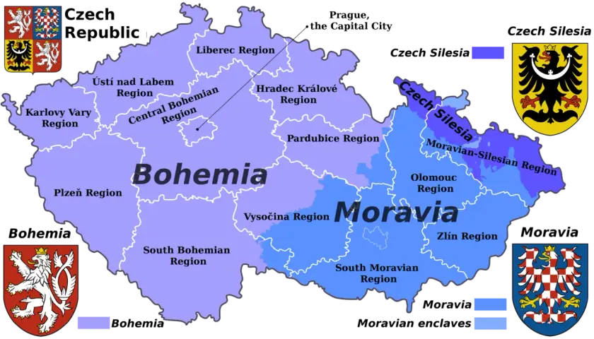Mapa Czech z podziałem na regiony. Widoczne są Morawy, Czechy właściwe i Śląsk Czeski.