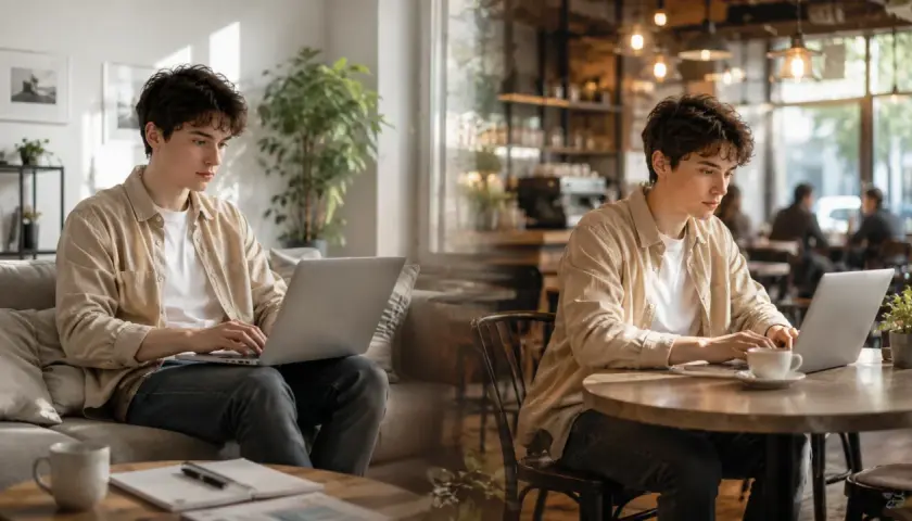Junger Mann arbeitet am Laptop, einmal zu Hause, einmal im Café. Viele Möglichkeiten für 100 Home Office Jobs.