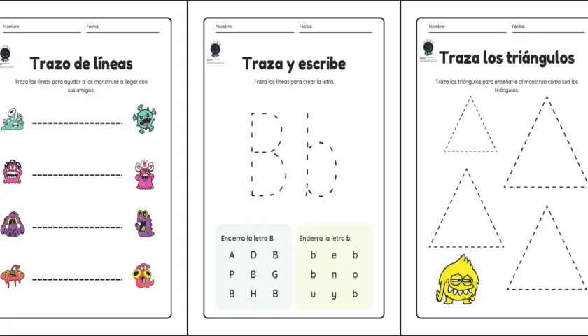Hojas de trazos para niños con monstruos: trazar líneas, letras y triángulos.