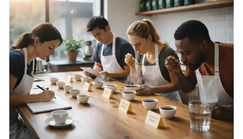 Ludzie oceniają kawę podczas sesji cuppingowej. Kobieta notuje, inni próbują napoju.