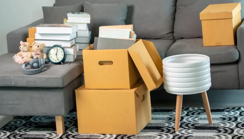 Umzugskartons, Bücher und Spielzeug auf einem Sofa. Ein privater Umzug steuerlich absetzen ohne Belege ist oft schwierig, aber diese Szene zeigt den Beginn des Packens.