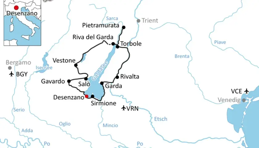 Karte zeigt eine Route um den Gardasee, mit Orten wie Desenzano, Salò, Riva del Garda und Torbole. Ein Radweg Gardasee ist eingezeichnet.