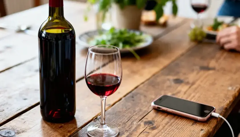 Bouteille de vin rouge et verre sur une table en bois, prêts pour une fondue vigneronne. Un téléphone portable est branché à proximité.