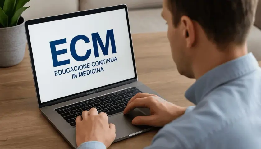 Uomo al computer, schermo mostra "ECM Educazione Continua in Medicina". Un esempio di come lo **stilema eventi fad** si integra nella formazione medica moderna.