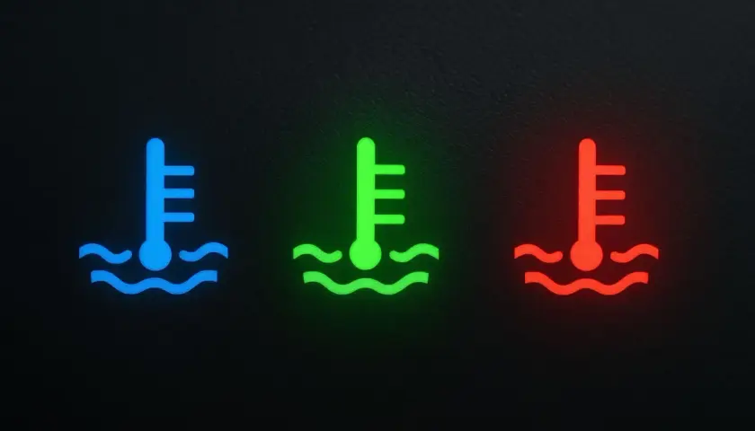 Spie macchina acqua: termometro blu (freddo), verde (normale), rosso (surriscaldato).