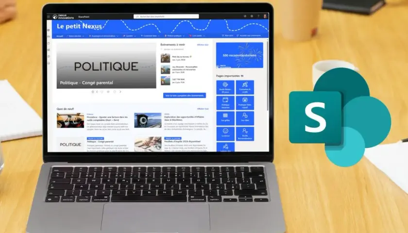 Un ordinateur portable affiche un intranet SharePoint, "Le petit Nexus", avec des articles sur la politique et des événements. Le logo de SharePoint est à côté.