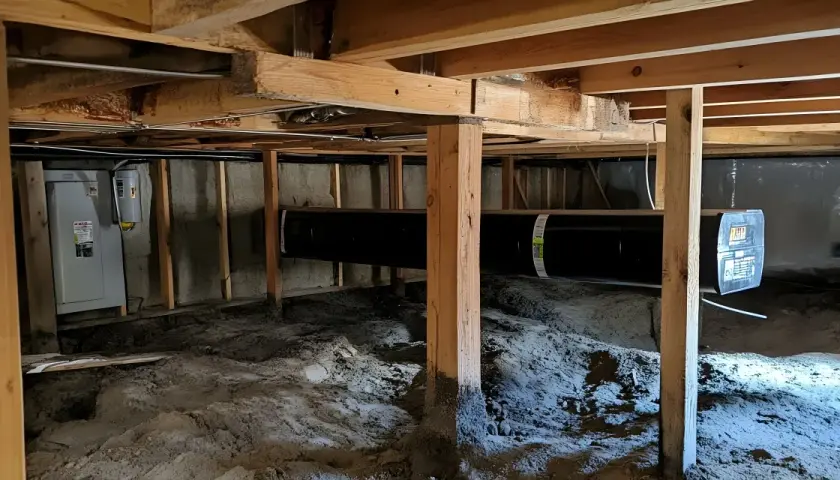 Synlig fukt i krypgrund. En stor svart rörledning löper genom utrymmet under huset, där det syns jord och byggmaterial.