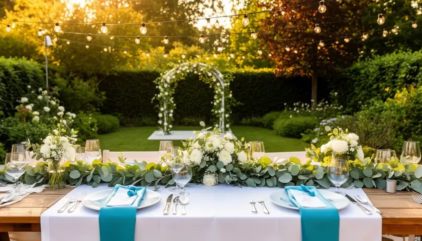 Festlich gedeckter Tisch im Garten mit Blumen und Lichterkette. Perfekte gartenhochzeit deko für eine romantische Feier unter freiem Himmel.