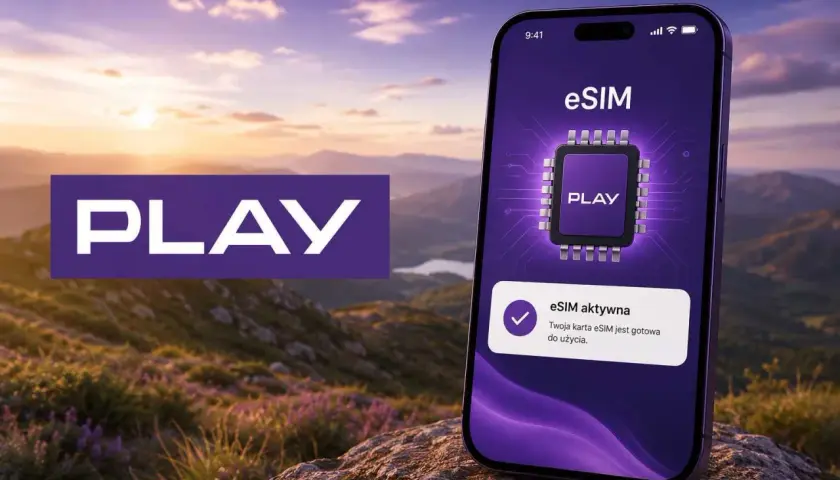 Telefon z aktywną kartą eSIM od Play na tle górskiego krajobrazu.