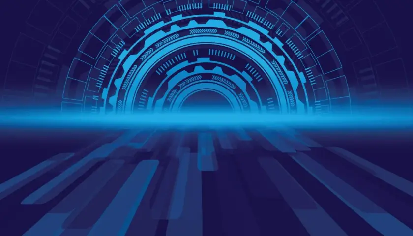 Futurystyczny tunel z niebieskimi liniami, przypominający efekt **generative fill** w grafice cyfrowej.