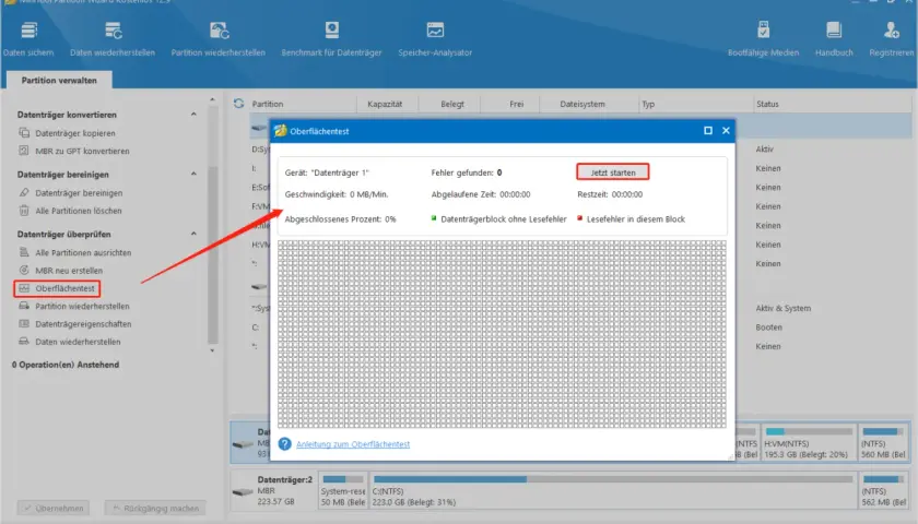 MiniTool Partition Wizard: Oberflächentest für Western Digital Festplatte starten, um Fehler zu finden und die Festplatte zu reparieren.
