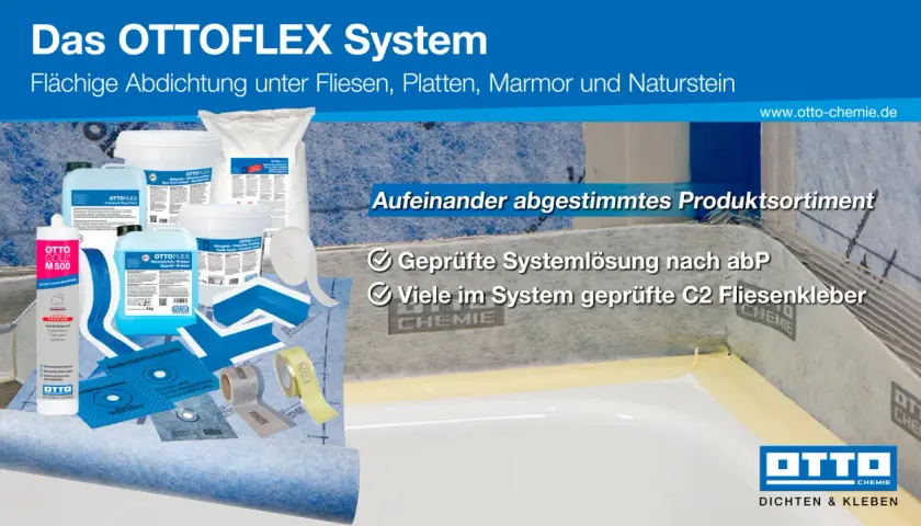 OTTOFLEX System: flächige Abdichtung unter Fliesen. Verschiedene Produkte wie Primer, Flüssigfolie und Manschetten für eine geprüfte Systemlösung.