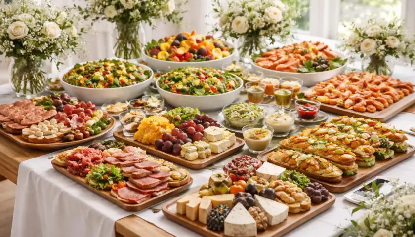 Un magnifique buffet dinatoire de mariage, avec salades colorées, charcuteries, fromages et fruits, prêt à régaler les invités.