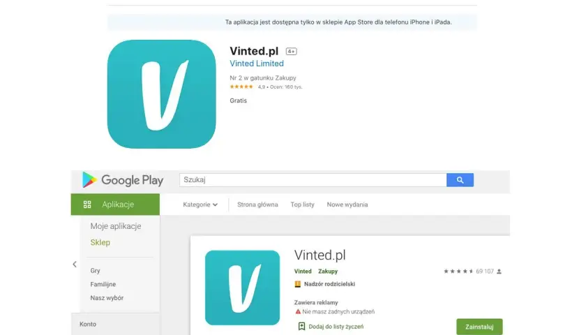 Szukam aplikacji Vinted, bo kupiłem podróbkę na Vinted. Widzę oficjalną aplikację w Google Play i App Store.