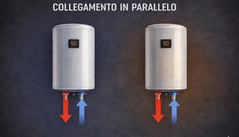 Two water heaters connected in parallel, each showing "50" on a digital display, with red and blue arrows indicating water flow.