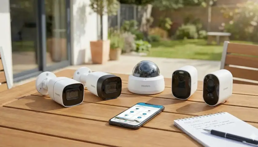 Ensemble de caméras de vidéosurveillance intelligente Vicelers sur une table en bois, avec un smartphone affichant l'application de contrôle.
