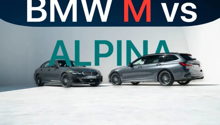 Dwa sportowe BMW: sedan i kombi, z napisem "ALPINA" w tle.