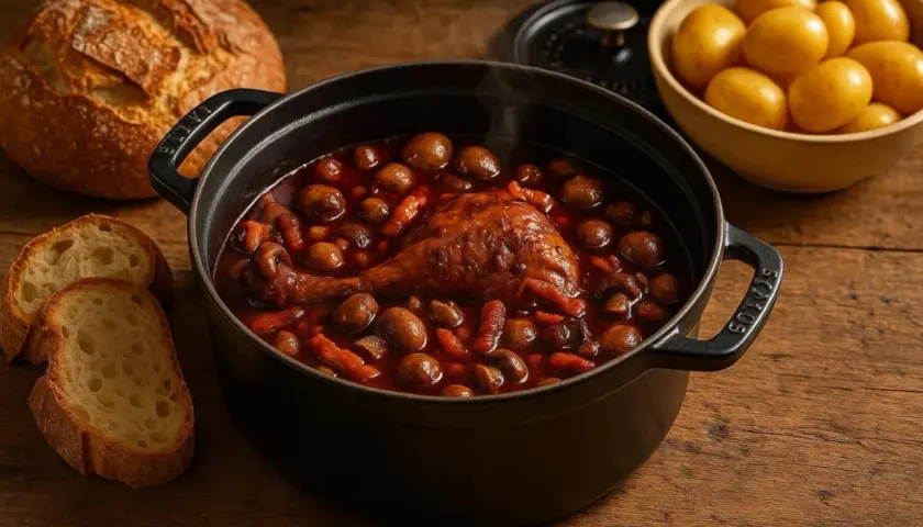 Un plat fumant de coq au vin, avec des champignons et des carottes, servi avec du pain croustillant et des pommes de terre.