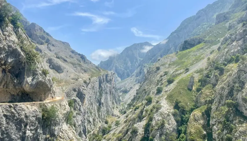 Un senderista recorre la **ruta del Cares**, un camino tallado en la roca entre imponentes montañas verdes y grises bajo un cielo azul con nubes.