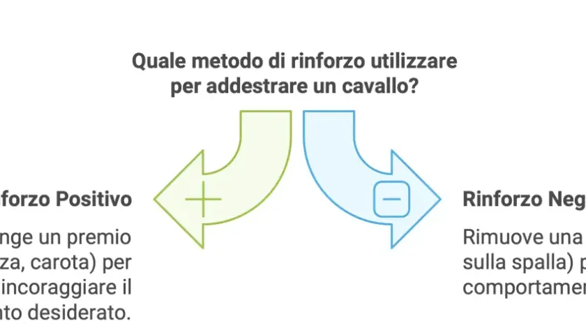 Diagramma che illustra rinforzo positivo (premio) e negativo (rimozione pressione) per addestrare un cavallo.
