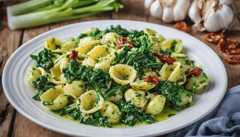 Orecchiette con cime di rapa, un clásico italiano lleno de sabor. La pasta se mezcla con las hojas verdes y trozos de tomate seco.