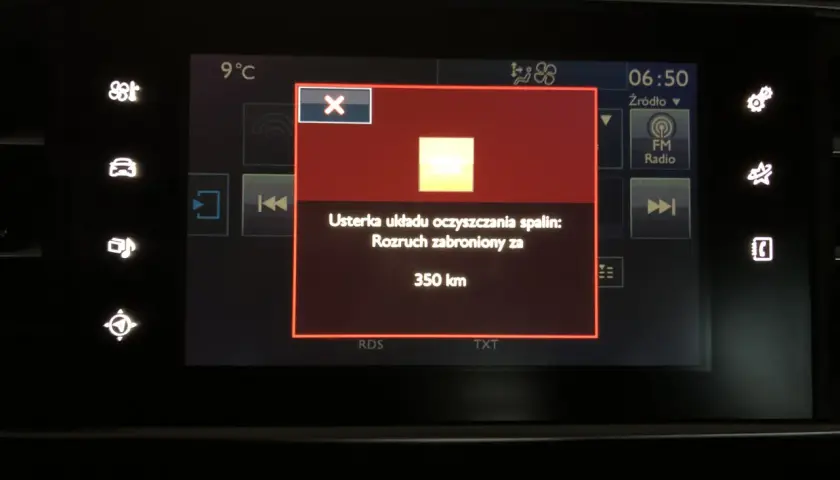 Usterka układu oczyszczania spalin: Rozruch zabroniony za 350 km. Nieprawidłowe funkcjonowanie systemu ochrony przed zanieczyszczeniami.