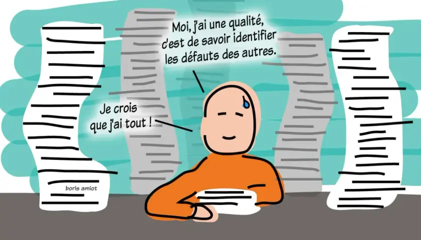 Un homme dit : "Je crois que j'ai tout !" tout en identifiant les défauts des autres, un exemple des inconvénients du modal.