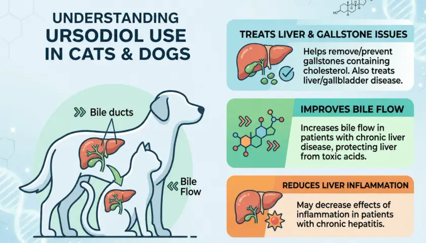 Infographic on ursodiol for dogs and cats, detailing its use in treating liver/gallstone issues, improving bile flow, and reducing liver inflammation.