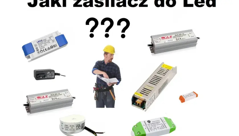 Budowlaniec z planami zastanawia się, jak podłączyć zasilacz do LED. Wokół niego różne modele zasilaczy.