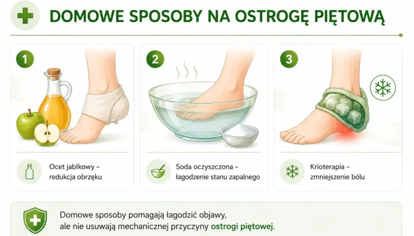 Domowe sposoby na ostrogę piętową: okład z octu jabłkowego, kąpiel z sodą, krioterapia.