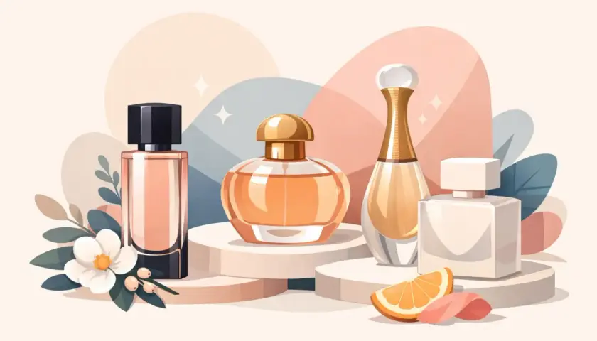 Eleganckie flakony perfum, każdy z własnym esprit, otoczone delikatnymi kwiatami i owocami.