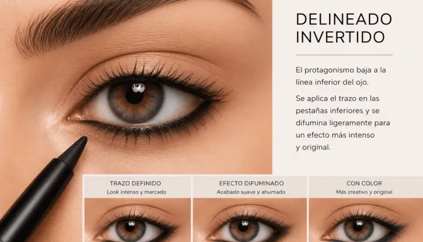 Ojo con delineado invertido aplicado en la línea inferior, mostrando diferentes acabados: definido, difuminado y con color.