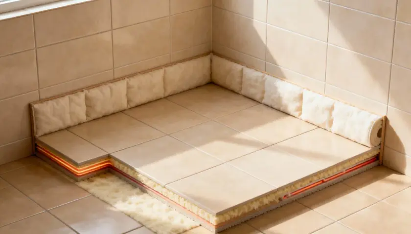 Coupe d'un sol carrelé montrant l'isolation sous carrelage avec un système de chauffage intégré, pour un confort optimal.