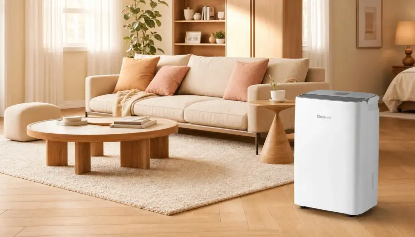 Un deshumidificador blanco Deye en una sala de estar moderna, junto a un sofá y mesa de centro. Aprende como usar deshumidificador para un hogar más confortable.