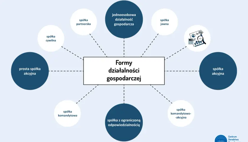Schemat przedstawia różne rodzaje działalności gospodarczej: spółka jawna, jednoosobowa działalność gospodarcza, spółka partnerska, spółka cywilna, prosta spółka akcyjna, spółka akcyjna, spółka z ograniczoną odpowiedzialnością, spółka komandytowa, spół...