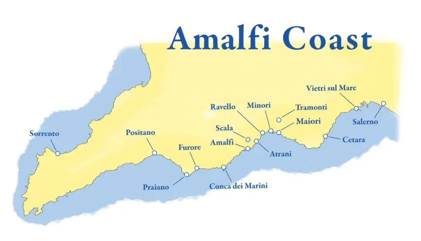 Map of the Amalfi Coast, highlighting towns like Sorrento, Positano, Amalfi, and Salerno along the Italian coastline.