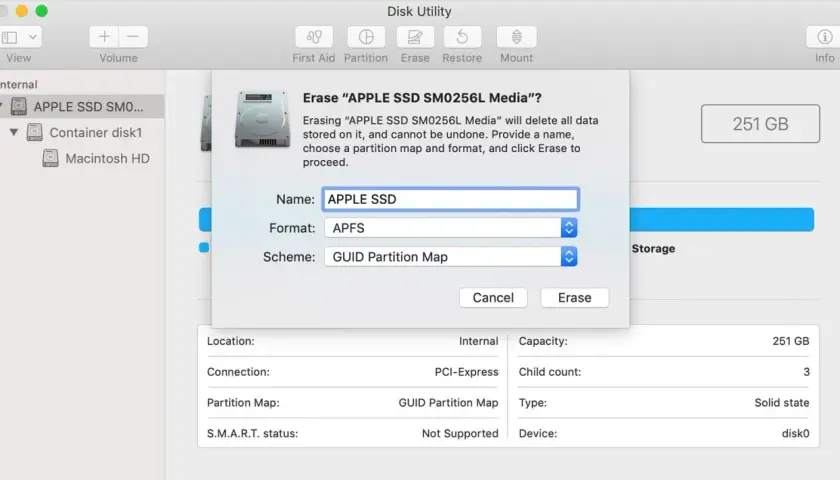 Festplatte "APPLE SSD" wird gelöscht. Hier werden Mac Laufwerke angezeigt und formatiert.