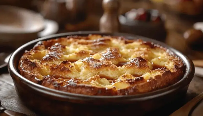 Un délicieux pain perdu doré et croustillant, saupoudré de sucre glace, dans un plat en terre cuite.