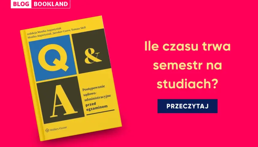Żółta książka "Q&A" obok pytania "Ile czasu trwa semestr na studiach?".