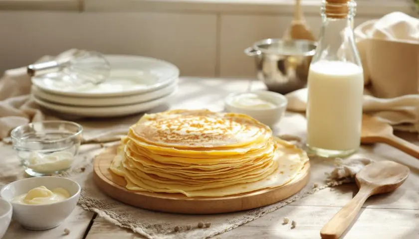 Une pile de crêpes dorées, prêtes à être dégustées. La recette crepe moelleuse est à portée de main avec le lait, la crème et les ustensiles disposés autour.