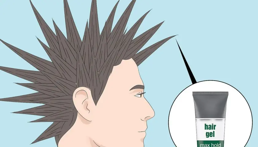Un hombre con un peinado mohicano en pico, con puntas afiladas hacia arriba. Un círculo muestra un tubo de gel para el cabello de fijación máxima.