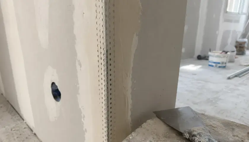 Angoli in cartongesso pronti per la stuccatura. Un angolo è rinforzato con nastro metallico, mentre l'altro è già parzialmente stuccato.