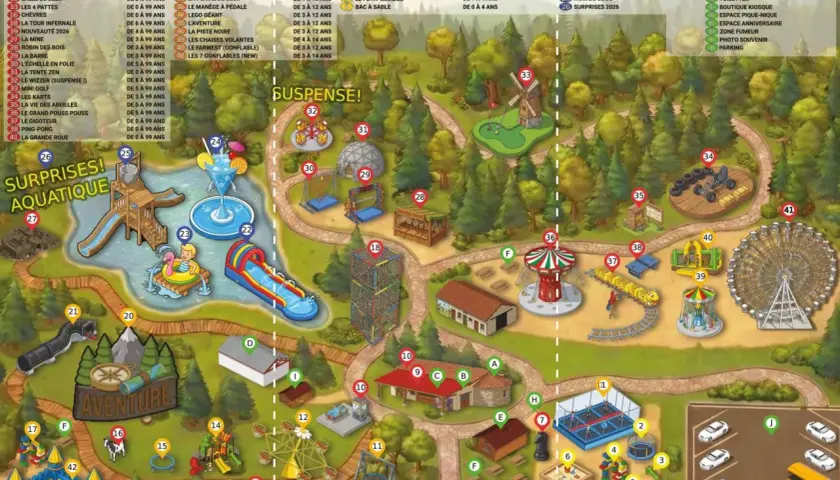 Carte d'un parc d'attractions avec des attractions, des zones de jeux et des services.