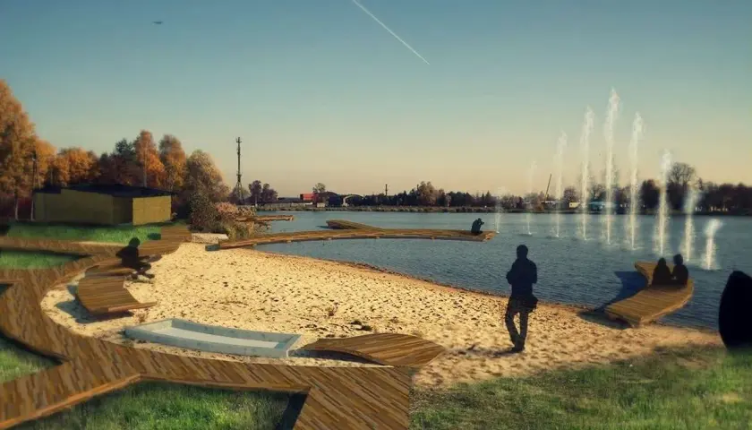 Relaks nad jeziorem Blachownia. Drewniane pomosty, piaszczysta plaża i fontanny tworzą idealne miejsce na odpoczynek.