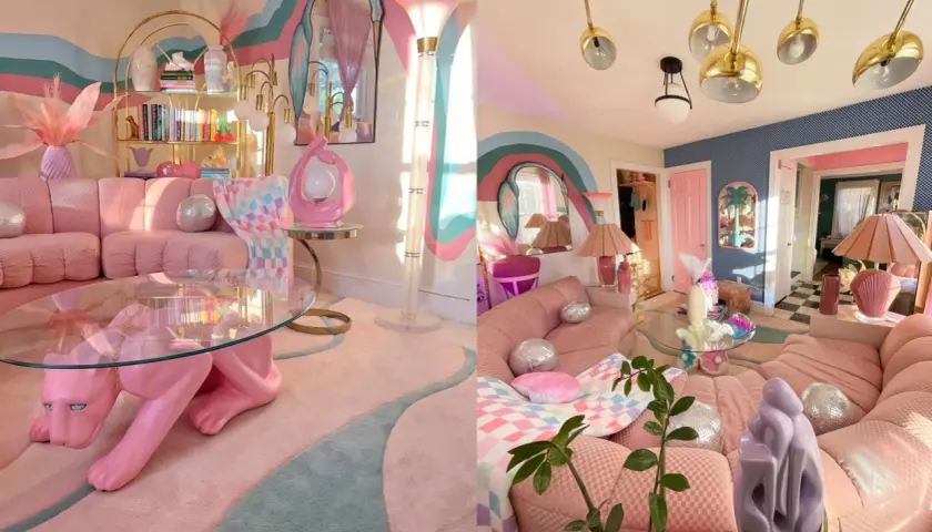 A vibrant living room embracing pastel maximalism with pink tufted sofas, a panther coffee table, and a rainbow mural.