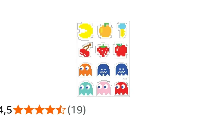 Pegatinas pixeladas de comecocos y fantasmas, ideales para aprender las tablas de multiplicar jugando.