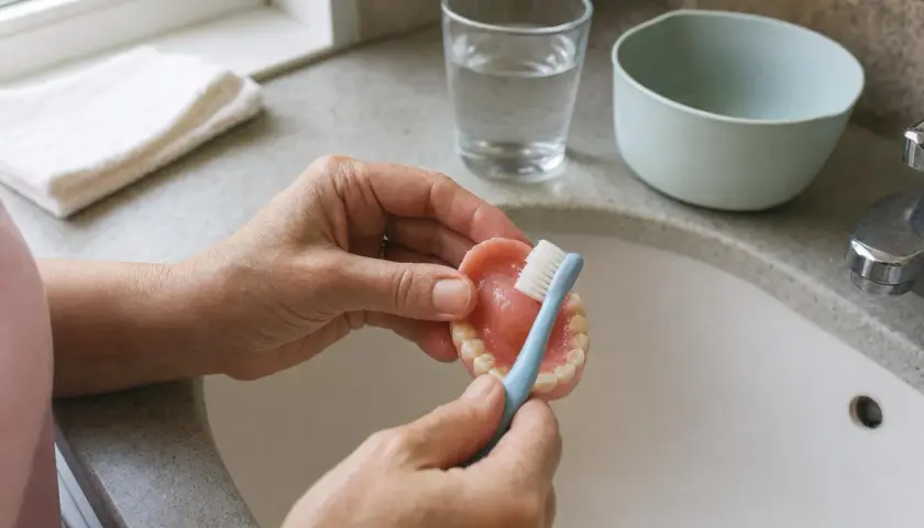 Mani che puliscono una dentiera con uno spazzolino azzurro. Impara come lavare la dentiera per mantenerla igienica.