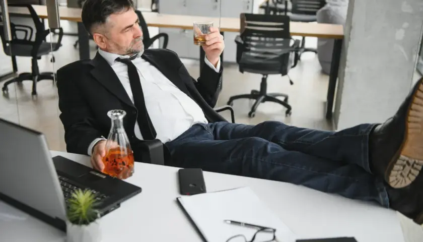 Mężczyzna w garniturze z alkoholem w ręku, zastanawia się, czy pracodawca może sprawdzać alkomatem.