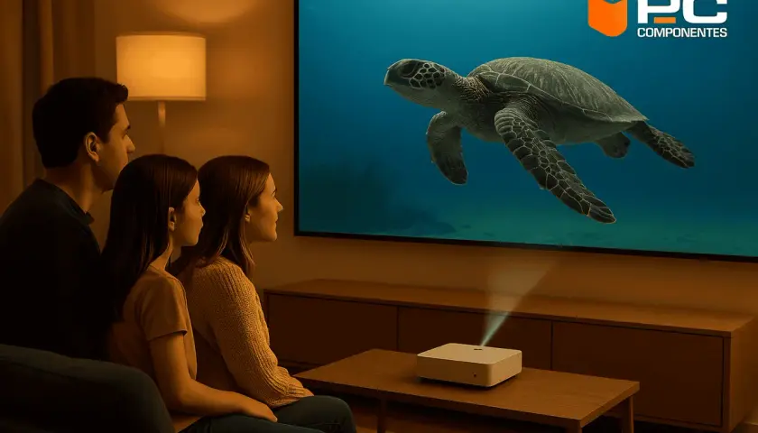 Una famiglia guarda un documentario sulle tartarughe marine proiettato da un dispositivo che spiega cosa sono i proiettori di profondità.