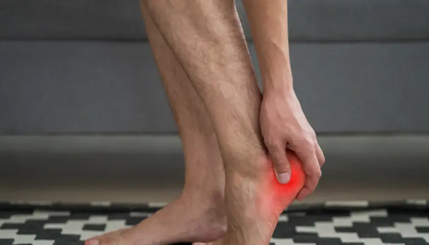 Hombre tocando su talón con un punto rojo que indica dolor en el talón del pie.